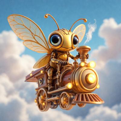 The primary subject of the image is a cartoon-like bee riding a train. The setting is a cloudy sky, and the visual style is a digital art or illustration. The colors are predominantly gold and blue, creating a warm and lively atmosphere.